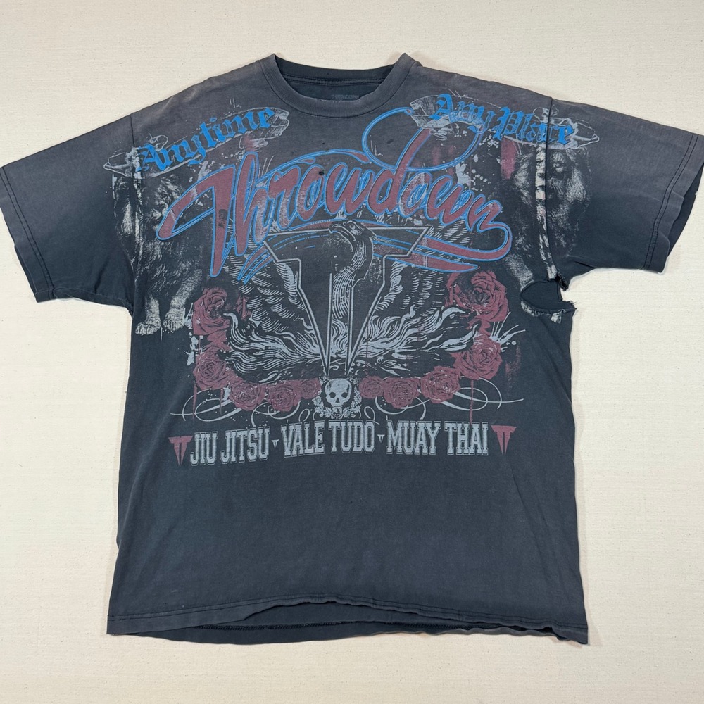 Throwdown MMA Shirt Mens XL Jiu Jitsu Muay Thai Vale Tudo Y2K Faded Thrashed